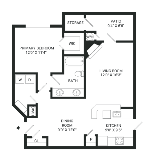 Floor plan for 1 bed, 1 bath, 952 sqft